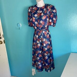 Village Fair Vintage 80's Womens Size L Blue Floral Fit - Flare Pullover Dress